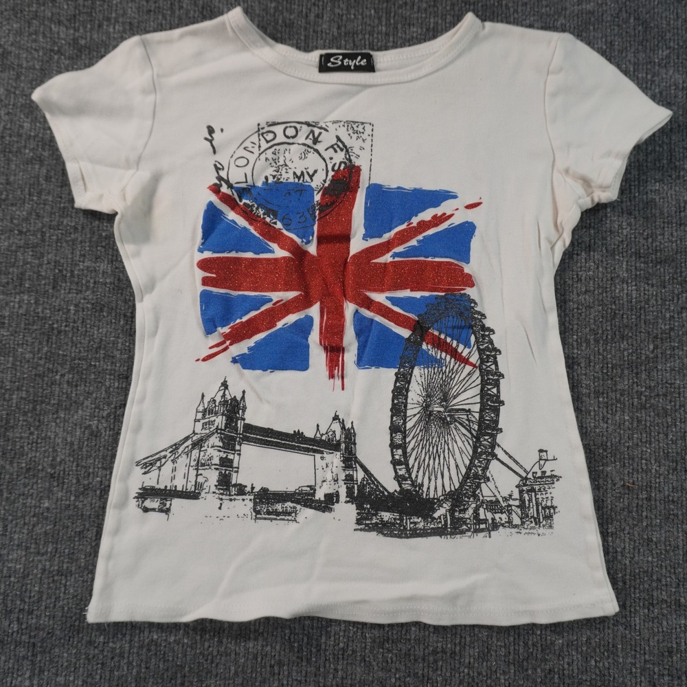 Style Graphic Tee Womens XS White London Union Jack Glitter Tower Bridge UK Made